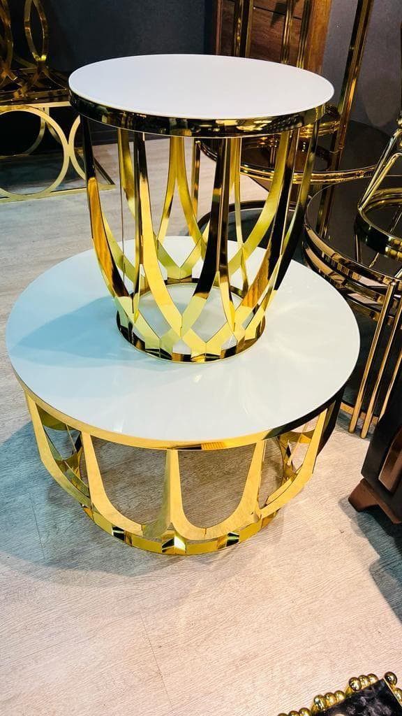 2 تربيزة استانلس تصميم عصري شكل دائري سطح رخام من مصنع بهجت للاثاث